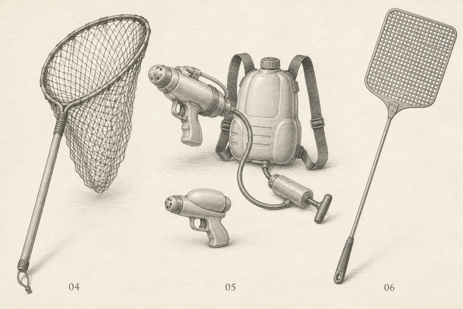 Planche dessinée : 04 épuisette d’étang, 05 pistolet à eau avec modèle dorsal à pompage, 06 tapette-mouche géante