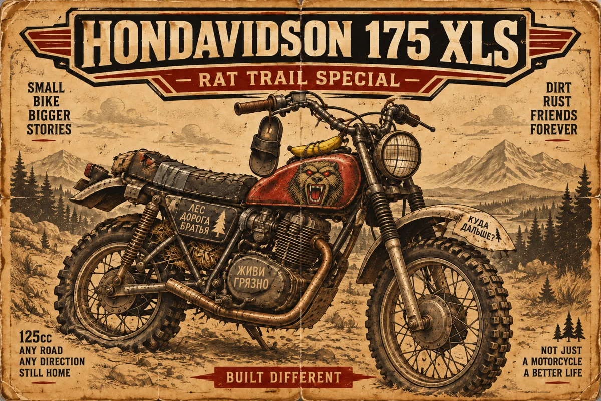 Affiche de la Hondavidson 175 XLS : moto rouge patinée, sandale au guidon, banane au réservoir